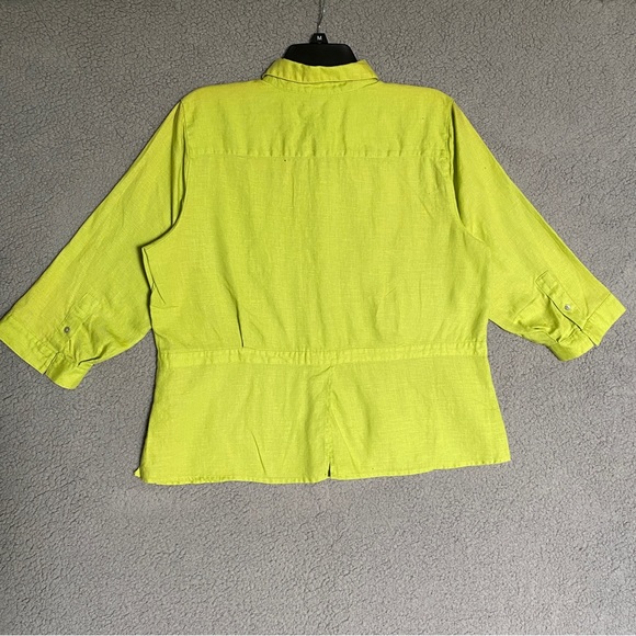 100% Linen Blouse Womens Size XL Flouresent Green Button Up - Picture 8 of 13